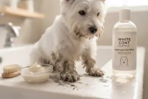 Seasonal grooming icon highlighting spring mud and winter salt cleanup using a deep-cleansing whitening shampoo for dogs with white coats.
