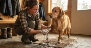Cleaning muddy paws indoors during slushy Canadian winter months using a gentle waterless dog shampoo.