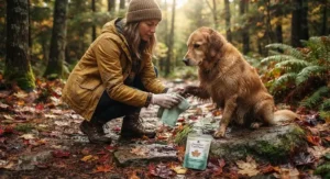 Illustration of a dog owner using soothing dog paw wipes after walks through damp autumn trails in Canada.
