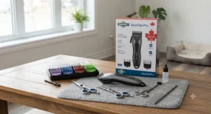 An affordable dog grooming kit with guards and scissors suitable for Canadian pet owners.
