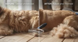 Side-by-side comparison showing loose undercoat fur removed using an undercoat rake for heavy shedding dogs.