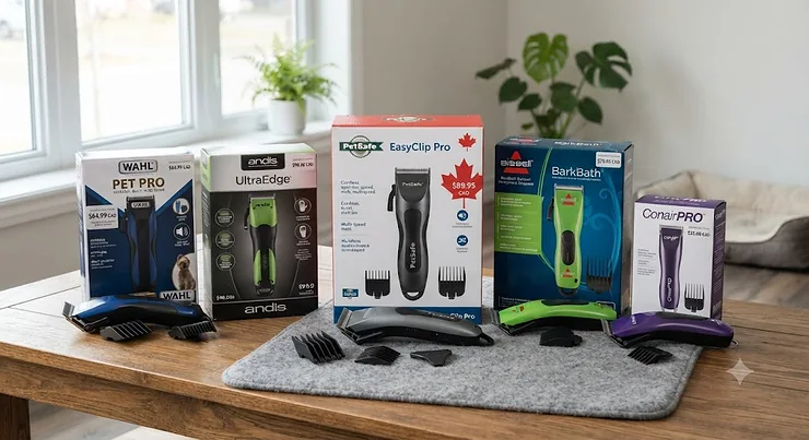 A variety of budget-friendly dog clippers under $100 CAD displayed neatly on a wooden table.