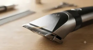 Close-up of precision steel blades on professional cordless dog clippers.