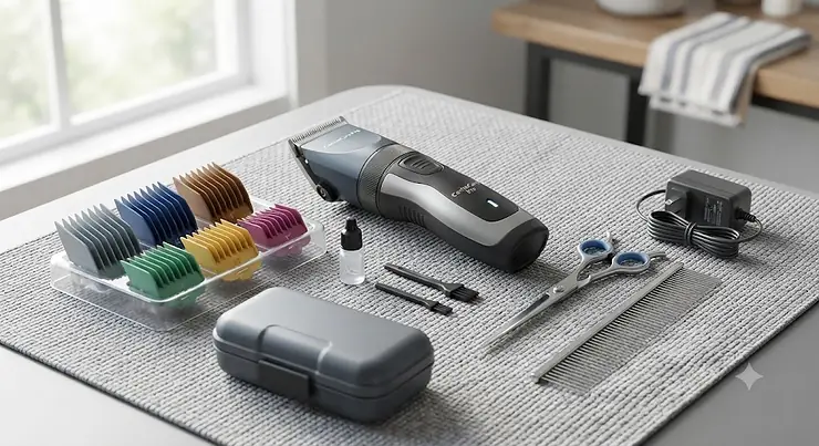 Complete dog grooming clipper kit displayed with all accessories and guide combs.