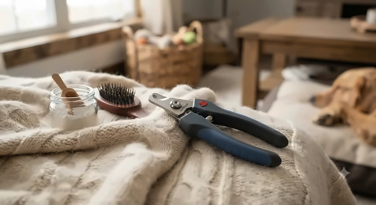 A pair of stainless steel dog nail clippers resting on a cozy blanket for home grooming.