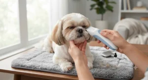 Quiet motor face trimmer for dogs with sensitive skin designed for stress-free home grooming.