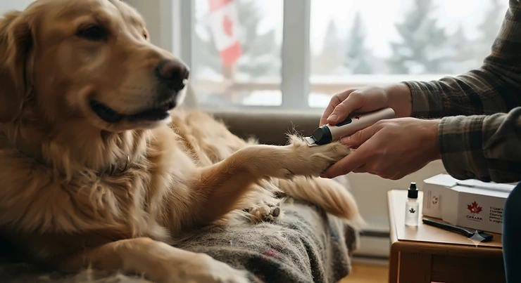 A close-up view of a reliable paw trimmer for dogs being used on a golden retriever's paws in a cozy Canadian home.