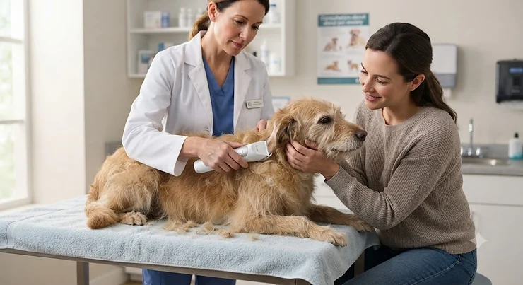 A veterinarian and owner using quiet dog clippers for anxious dogs who are sensitive to loud sounds.
