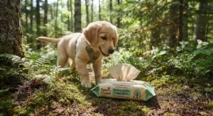 Illustration of eco-friendly, biodegradable dog wipes for puppies in a natural outdoor setting.