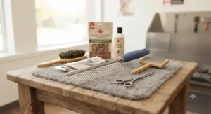 An assortment of grooming tools featuring a specialized dog comb for long-haired breeds, popular in Canadian pet supply stores.