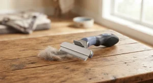 A stainless steel deshedding tool resting on a wooden table, representing budget-friendly grooming solutions available across Canada for under thirty dollars.