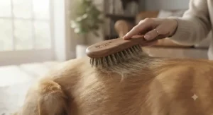 Close-up illustration of a bristle brush for short-haired dogs smoothing a sleek canine coat.