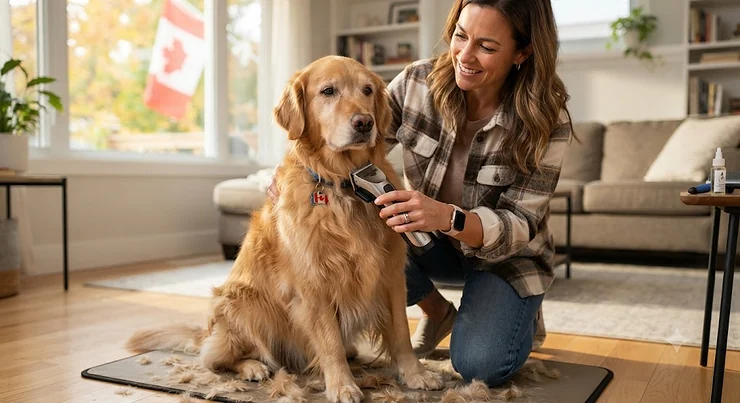 Person using cordless dog clippers to groom a golden retriever at home in Canada.