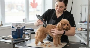 A professional groomer using a cordless dog clipper under $100 CAD on a small poodle.