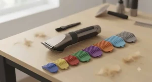 Cordless dog clippers laid out with multiple coloured guard attachments and a cleaning brush.