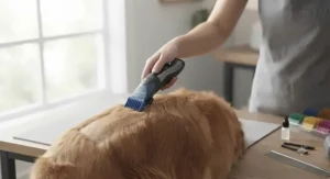 Rechargeable cordless dog grooming clipper kit showing easy handling during a grooming session.
