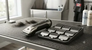 Cordless professional-grade dog clippers for thick coats displayed alongside interchangeable stainless steel guide combs.
