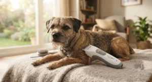 A portable cordless quiet dog clippers model resting next to a calm terrier ready for coat trimming.
