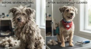 Before and after comparison of a Canadian rescue dog's severe matting successfully cleared using a dematting tool for dogs with matted fur.