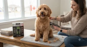 A happy dog sitting calmly while a Canadian owner performs a home grooming session with budget clippers.