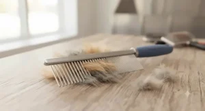 Dual-action dog comb for long-haired breeds demonstrating wide and narrow spacing for double-coated dogs like huskies and collies.