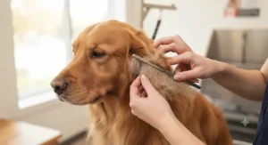 Using a fine-toothed dog comb for long-haired breeds to carefully work through stubborn mats and knots behind a dog's ears.