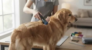 Professional dog grooming clipper kit in use trimming a dog's coat at home.