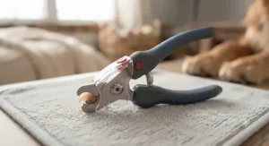 Dog nail clippers featuring a built-in safety guard to prevent cutting the quick too short.