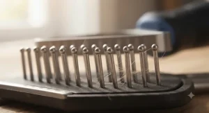 Close-up illustration of the rounded stainless steel pins on an undercoat rake for heavy shedding dogs.