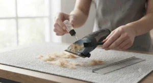 Maintaining the blades of a dog grooming clipper kit with lubricating oil and a cleaning brush.