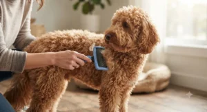 A rubber curry massage brush effectively removing short hair during bath time, a low-cost tool under thirty dollars CAD for Canadian dog grooming.