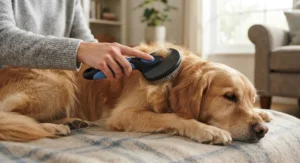Ergonomic dog brush under $30 CAD featuring a comfortable rubber grip for daily use