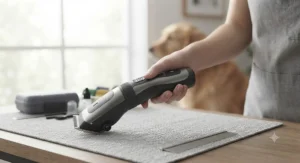 Ergonomic design of the dog grooming clipper kit handle for comfortable grip and control.