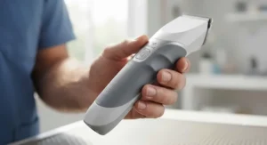 Ergonomic non-slip grip handle of a face trimmer for dogs with sensitive skin.