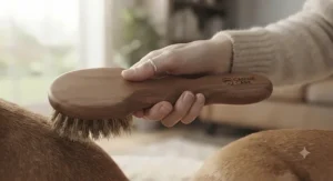 Detailed illustration highlighting the comfortable, non-slip grip of a bristle brush for short-haired dogs.