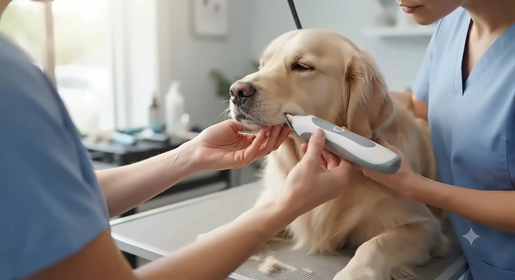 A gentle face trimmer for dogs with sensitive skin being used carefully around a dog's muzzle.