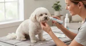 Happy dog receiving a hypoallergenic trim with a specialized face trimmer for dogs with sensitive skin.