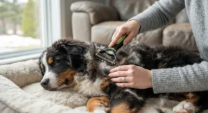 A gentle dematting tool for dogs with matted fur being used on a sensitive Bernese Mountain Dog puppy during spring shedding season.