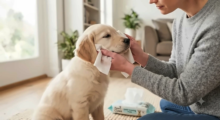 Illustration showing gentle dog wipes for puppies being used for daily facial and ear grooming.
