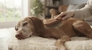 Illustration of a senior short-haired dog enjoying a gentle grooming session with a bristle brush for short-haired dogs.