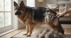 A German Shepherd showing thick undercoat fluff managed by an undercoat rake for heavy shedding dogs.