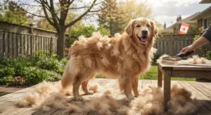 A Golden Retriever in a Canadian backyard during spring coat blowout with an undercoat rake for heavy shedding dogs nearby.