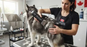 A professional groomer using heavy-duty professional-grade dog clippers for thick coats on a Husky mix.