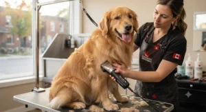 A golden retriever enjoying a grooming session with professional-grade dog clippers for thick coats.