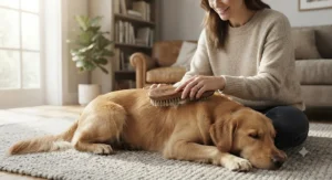 Illustration of a pet owner using a bristle brush for short-haired dogs to groom a happy retriever indoors.