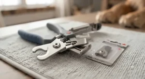 Guillotine-style dog nail clippers showing the replacement blade mechanism.