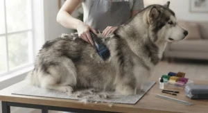 Heavy-duty dog grooming clipper kit easily trimming a thick double-coated dog's winter fur.