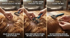 A step-by-step graphic showing how to gently hold fur at the base while using a dematting tool for dogs with matted fur.