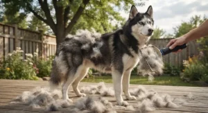 A Siberian Husky during spring shedding season being groomed with an undercoat rake for heavy shedding dogs.