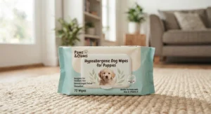 Illustration of a hypoallergenic pack of dog wipes for puppies designed for sensitive skin.